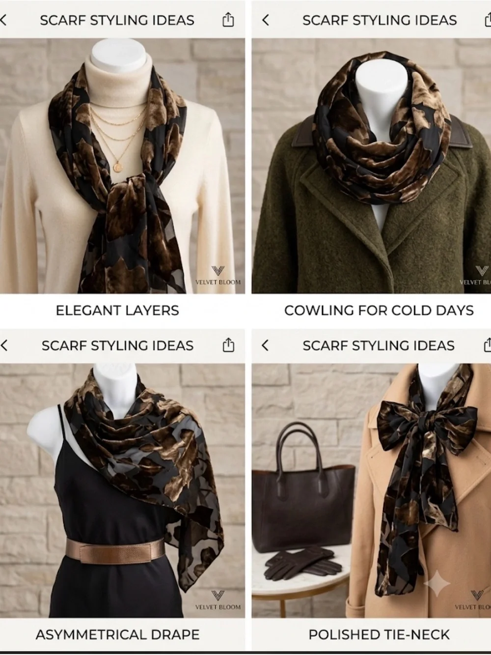 Vintage Gold Foil Leaf Pattern Scarf Wrap | Double Sided Two-Ply burnout velvet
